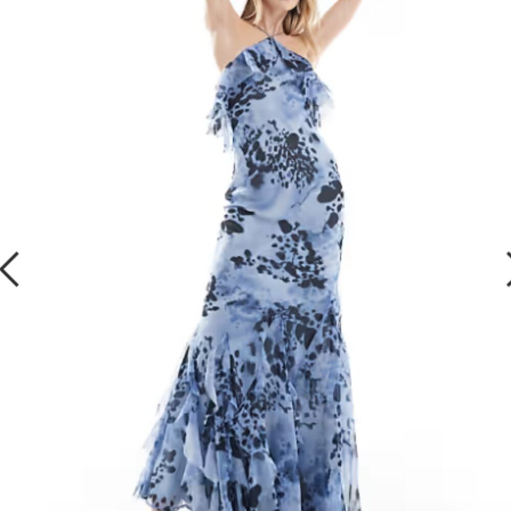 ASOS | 12 Tall | Ruffle Halter Animal Print Maxi Dress